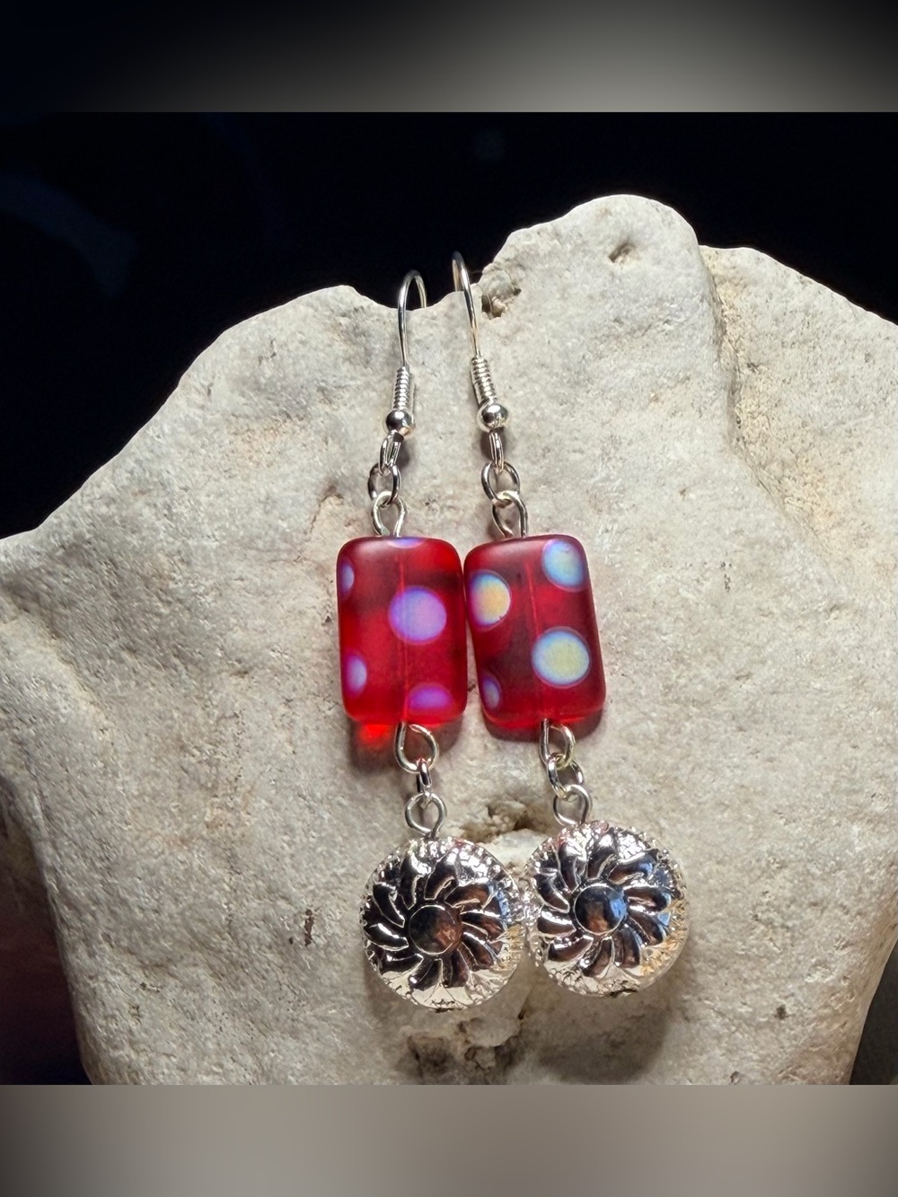 ✨Handmade✨ Silver and Red Polka Dot Drop Earrings - Hypoallergenic